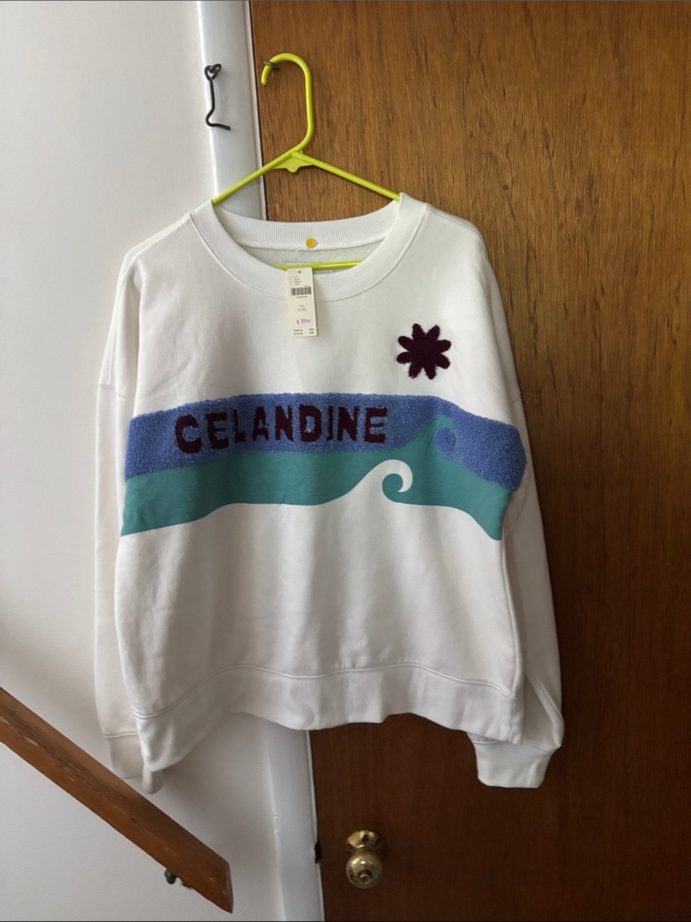 Anthropologie White Sweatshirt with Teal & Blue Wave Detail